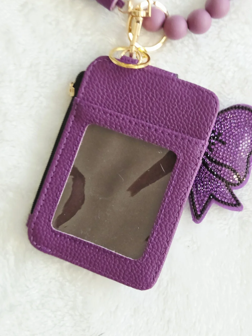 Purple Wristlet Keychain Card Holder with Bow Charm